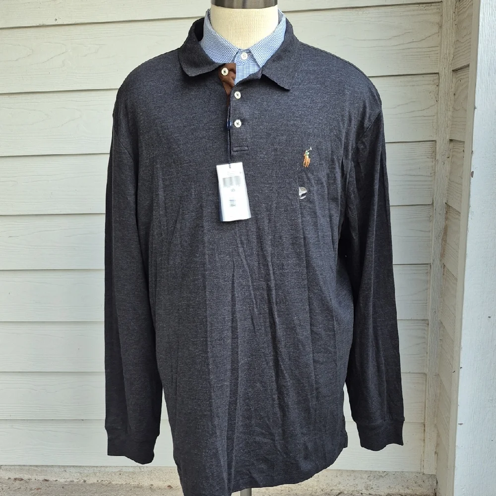 POLO Ralph Lauren Black Heather Grey‎ Cotton Mens XXL Polo Long Sleeve Shirt NEW